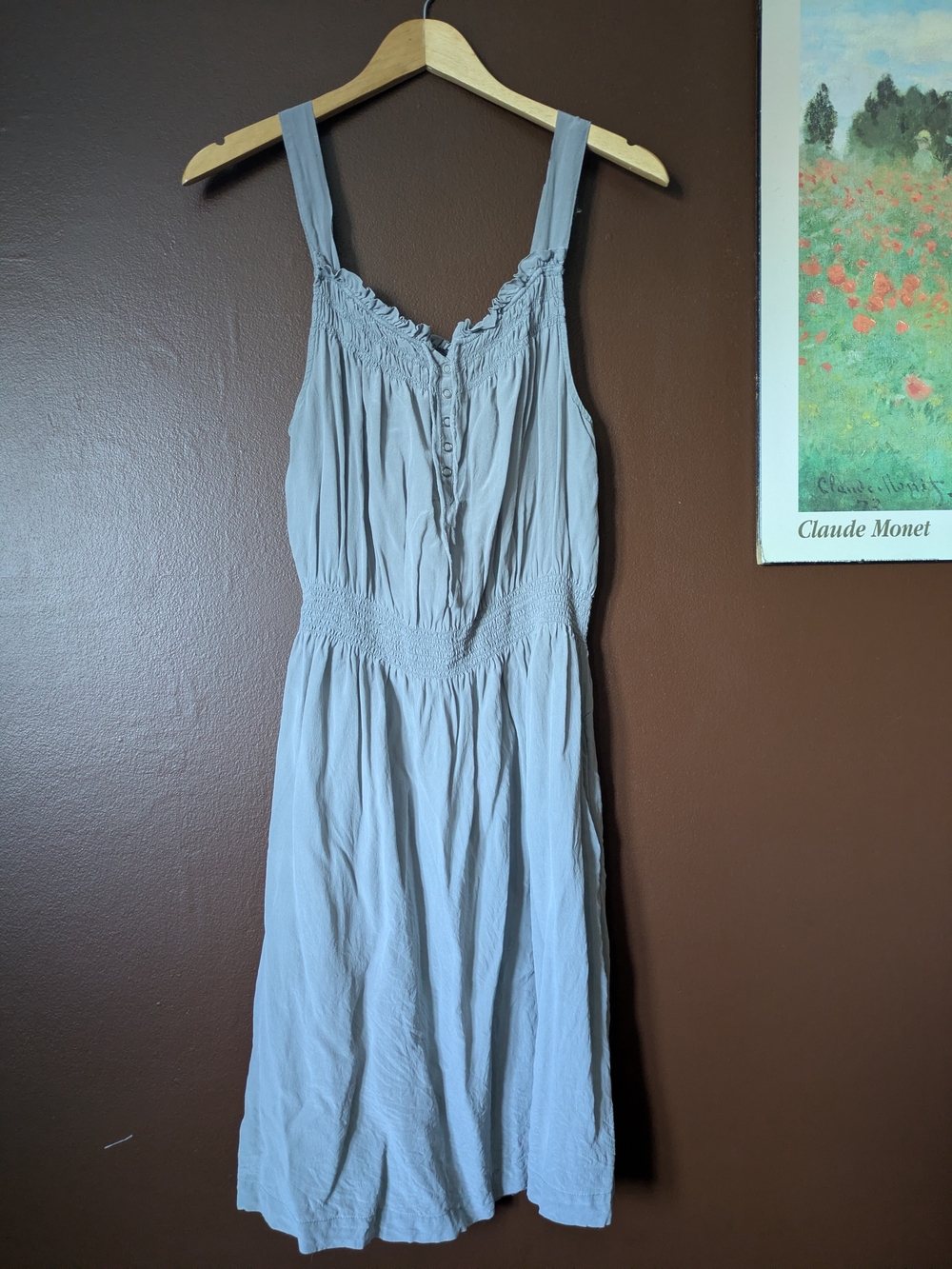100% Silk Light Gray/Blue Sleeveless Smocked Waist Summer Dress